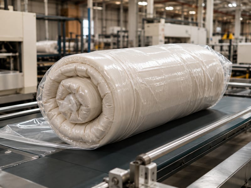 A compressed sofa rolled and sealed on the conveyor