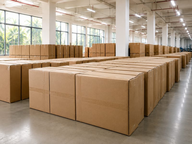 Rows of sealed cartons in the warehouse