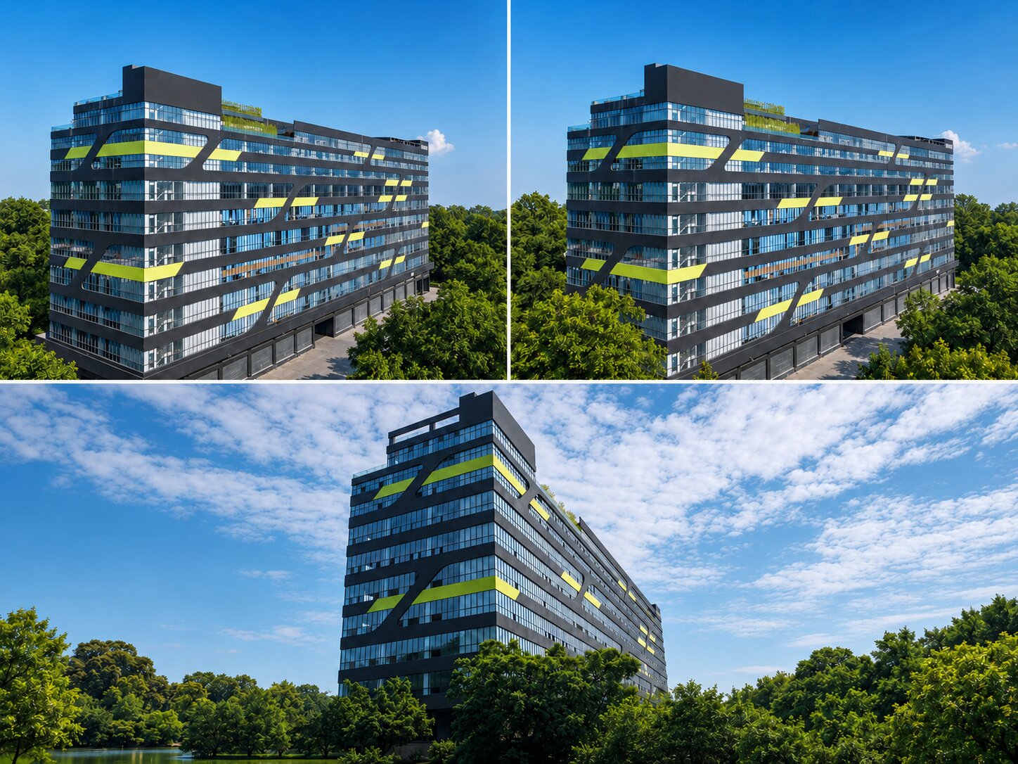 Three views of the production building in Foshan